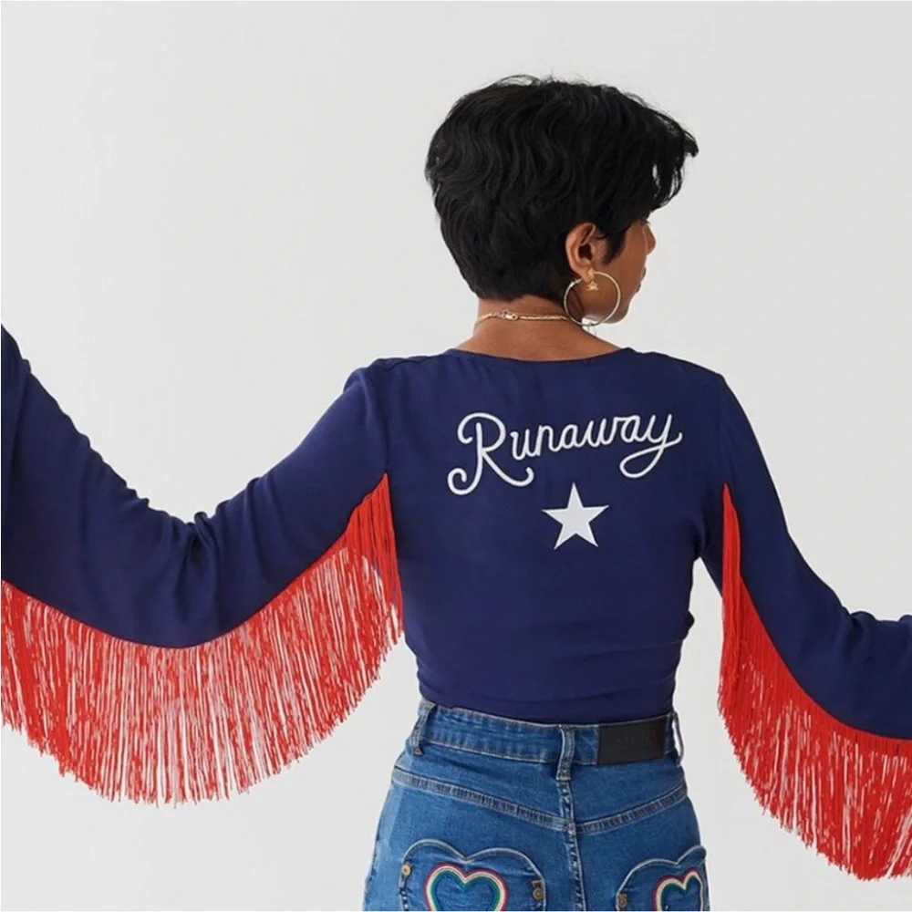 Lazy Oaf Navy and Red Fringe Crop Top - Picture 1 of 7
